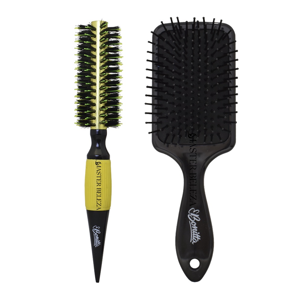 Escova De Cabelo Profissional Amarela Cerda Dupla + Raquete Bonitta Preta