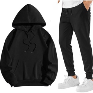 Conjunto Moletom Canguru Com Capuz + Calça Flanelado Unissex Algodão Liso Sem Estampa