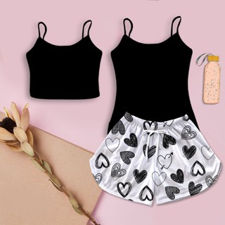 Pijama Feminino Kit Baby Doll Preto Coração Love All Black + Cropped Preto