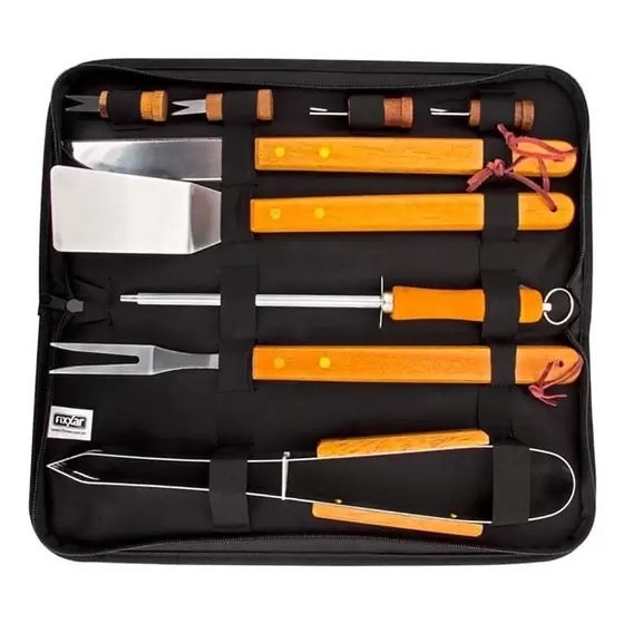Kit Churrasco Aço Inox Faca/garfo/pegador/espátula/amolador
