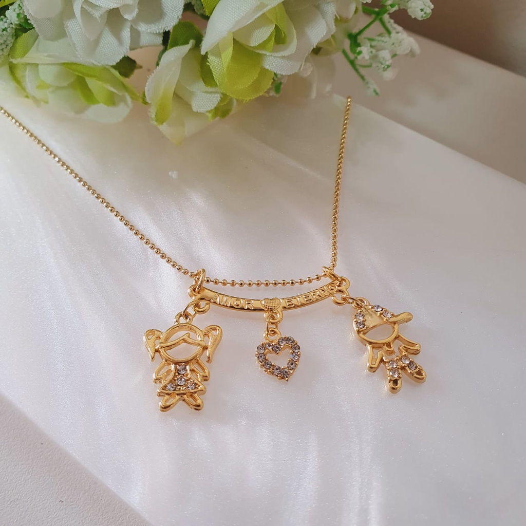 Colar Filhos Coração Com Strass Amor Eterno Folheado A Ouro 18k