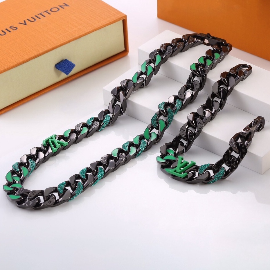 LV colar e pulseira masculino/Preto Verde com strass corrente
