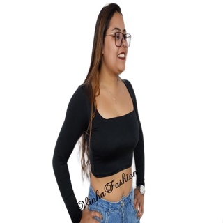 Blusa Cropped Feminino Decote Quadradinho com Forro  Manga Longa Blogueira Em Tecido Suplex em Oferta na Shopee