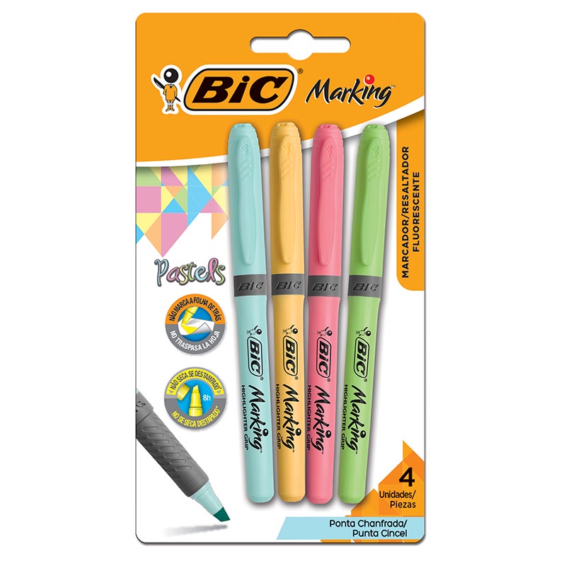 Pincel marca texto Marking Grip pastel com 4 cores Bic