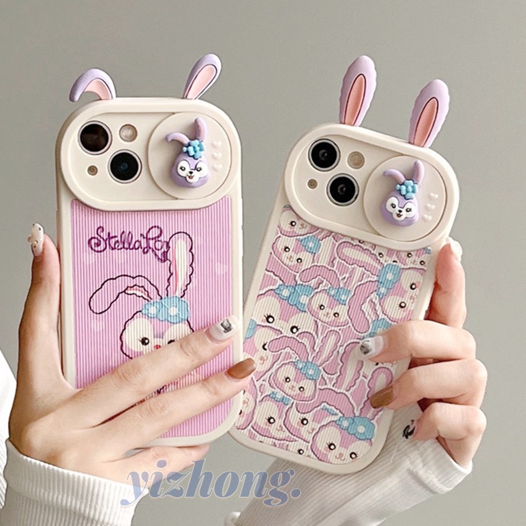 Para IPhone 11 14 13 Design Da Câmera Deslizante Bonito Desenho Animado Stella Lou Coelho Com Orelhas 3D Capa De Celular Flexível TPU Anti-Riscos Resistente À Poeira Protetora