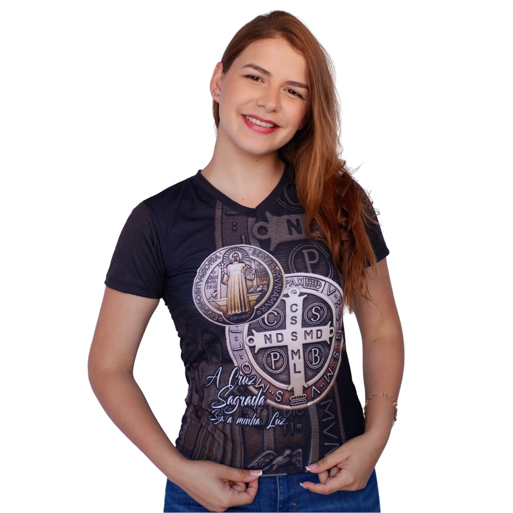 Camiseta Medalha de São Bento baby look feminina camisa de santo da igreja Católica Católico