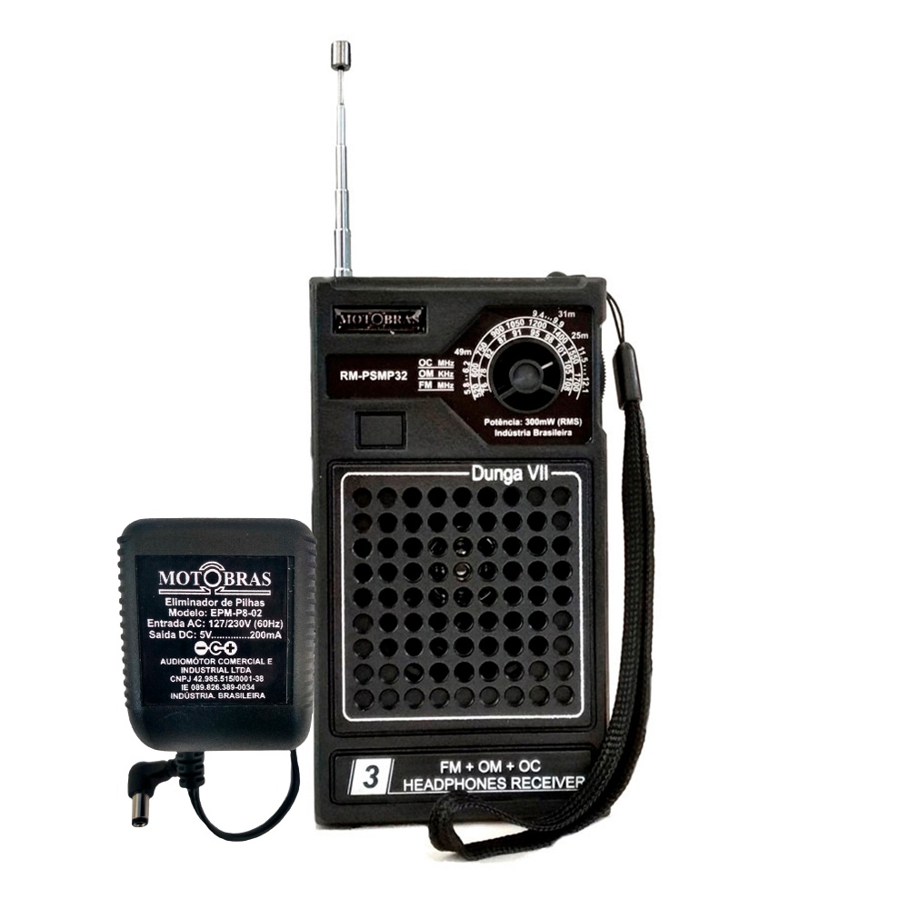 RÁDIO PORTÁTIL MP32 3 FAIXAS FM/OM/OC MOTOBRAS COM ELIMINADOR DE PILHA