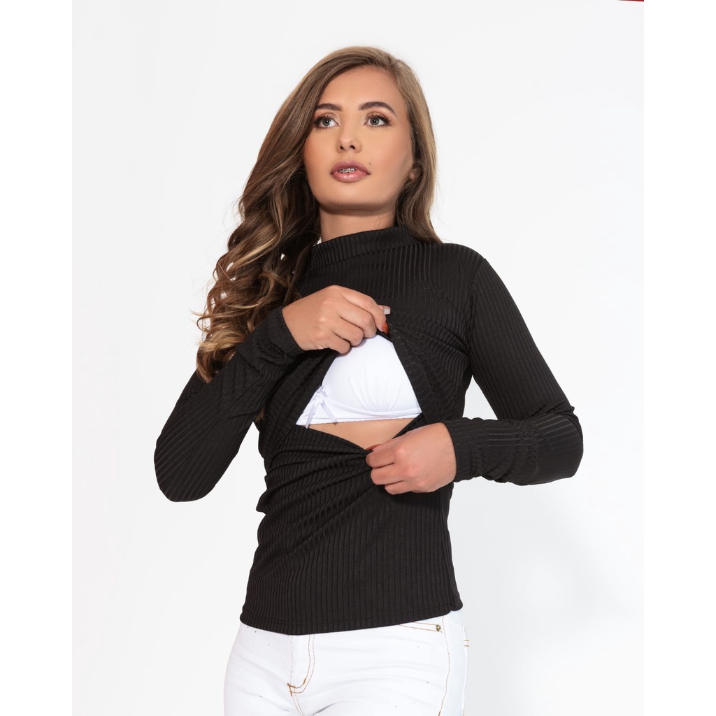 Blusa Amamentação Manga Longa Canelada Gestante em Oferta na Shopee