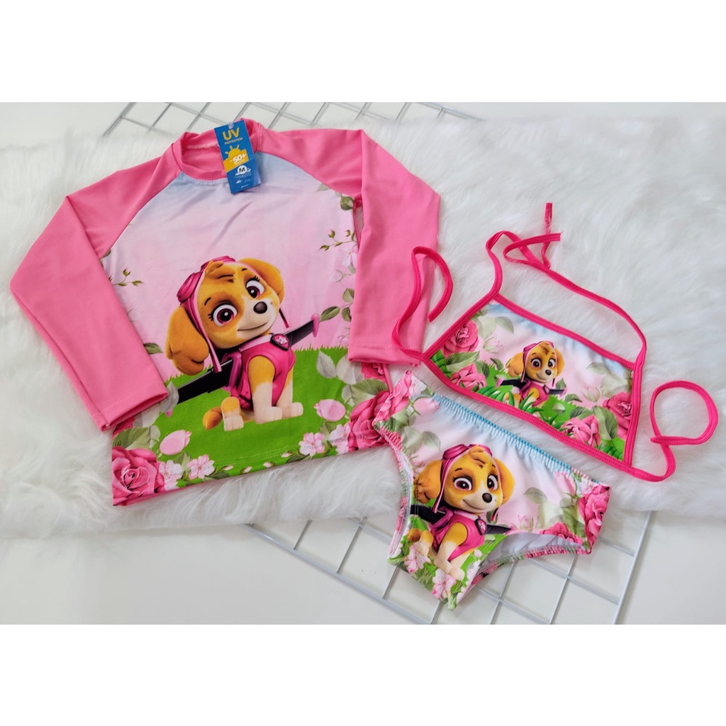 Biquini Infantil com Blusa Proteção Solar Infantil Manga Longa UV50 Roupa para Praia e Piscina Meninas