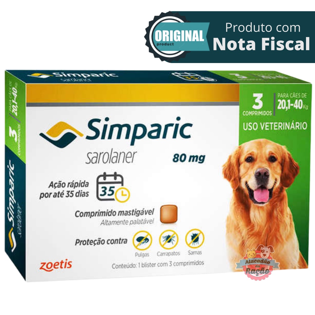 Simparic para Cães de 20,1 a 40 Kg (80 mg) Antipulgas e Carrapatos - 3 Comprimidos - Pets