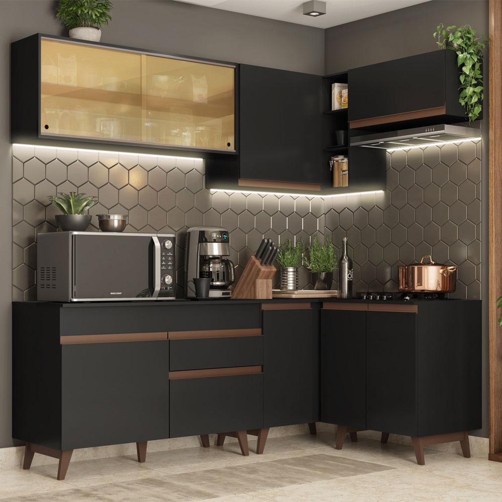 Cozinha Completa de Canto Madesa Reims 332002 com Armário e Balcão - Preto em Oferta na Shopee