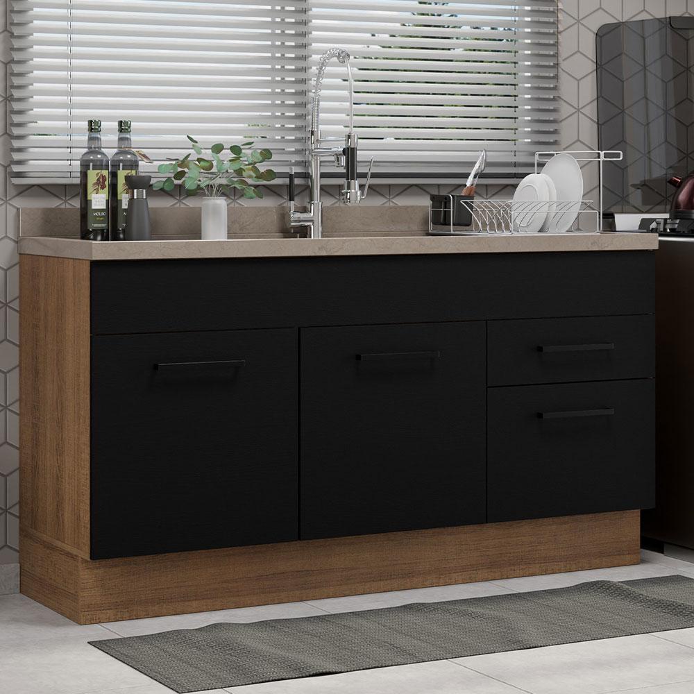 Balcão Gabinete de Pia Cozinha 150 cm 2 Portas 2 Gavetas (Sem Tampo e Pia) Rustic/Preto Agata Madesa em Oferta na Shopee