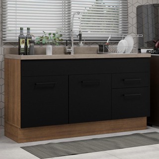Balcão Gabinete de Pia Madesa Agata 150 cm 2 Portas e 2 Gavetas (Sem Tampo e Pia) - Rustic/Preto