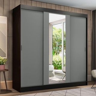 Guarda-Roupa Casal Madesa Reno 3 Portas de Correr com Espelho - Preto/Cinza em Oferta na Shopee