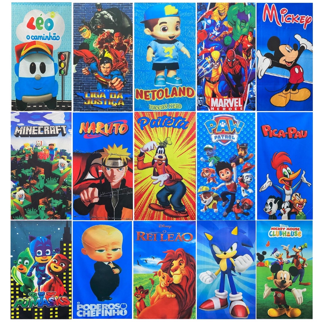 Toalha de Banho Praia Infantil Estampada Personagens Meninos Naruto Hulk Homem Aranha Bolofofos