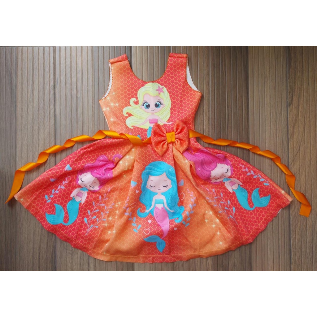 Vestido Infantil Festa Princesa Infantil Sereia Ariel Laranja
