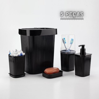 Jogo De Utensílios Domésticos Para Banheiro Lavabo Premium Porta Sabonete Escovas Lixeira