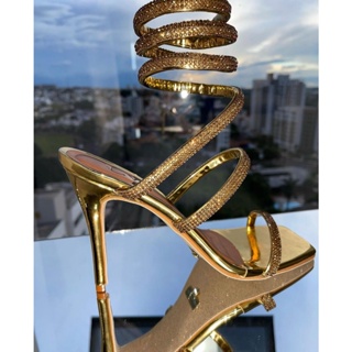 Sandália feminina dourada/prata salto fino espiral strass brilho em Oferta na Shopee