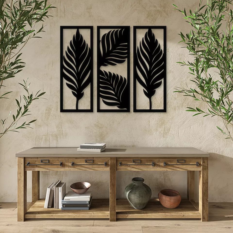 Trio de Folhas decorativa para parede em mdf de 3mm preto decaracão para casa escritório quarto