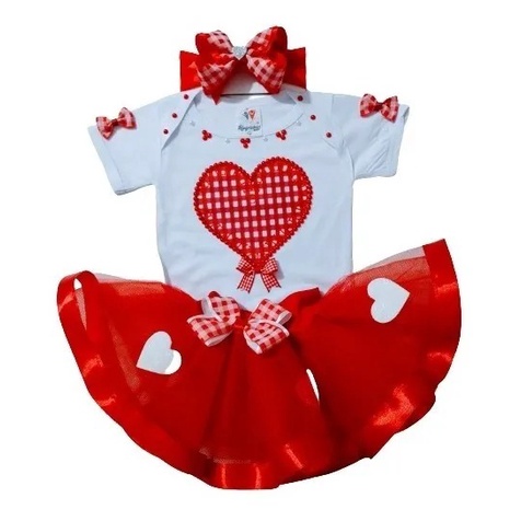 Conjunto Tutu Coração Bebê Menina Mesversário Festa Natal Roupa Aniversário Infantil Saia Tutu, Body e Laço