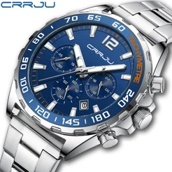 CRRJU Relógios Masculinos Marca Superior Esporte Luxo Militar Aço Quartzo Prata Azul Design 2299 X