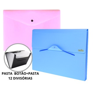 Kit Pasta Sanfonada 12 Divisórias + Pasta Botão A4 Pastel - Dello