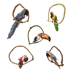 Kit 5 Pássaros 50cm Artesanais Em Madeira Cipó Fauna Brasileira Araras E Tucano Decorativo