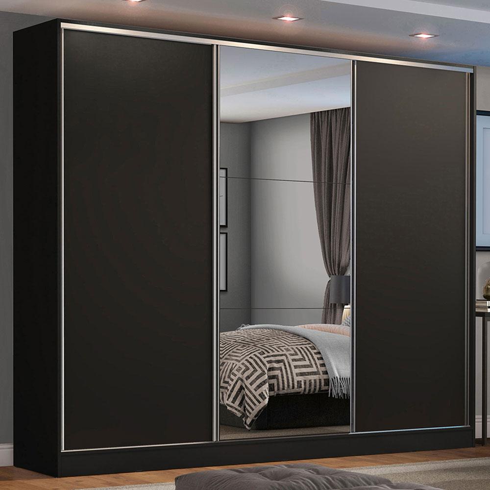 Guarda Roupa Casal 100% MDF Madesa Zurique 3 Portas de Correr com Espelho - Preto - Home & Living
