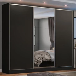 Guarda Roupa Casal 3 Portas de Correr com Espelho Preto 100% MDF Madesa Zurique