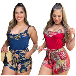 Conjunto Feminino Blusa e Short Com Cinto Estampados G GG e Plus Size até 54. .