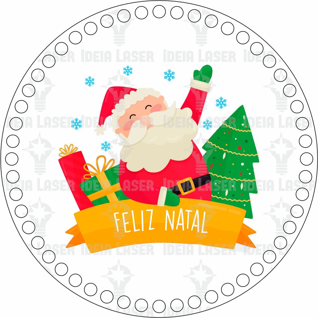 Base MDF Fio de Malha Crochê Redonda Estampada Feliz Natal Papai Noel 20cm