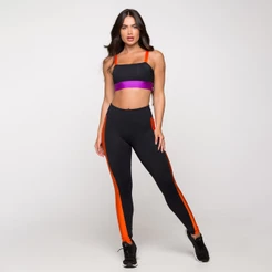 Conjunto Feminino Fitness Academia Poliamida Top E Calça Paris Preto Roxo e Laranja