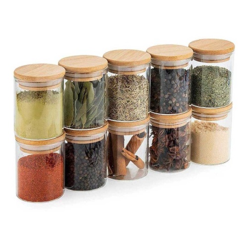 Kit 6 Pote De Vidro Porta Tempero Mantimentos Redondo Borossilicato Tampa De Bambu 160ml