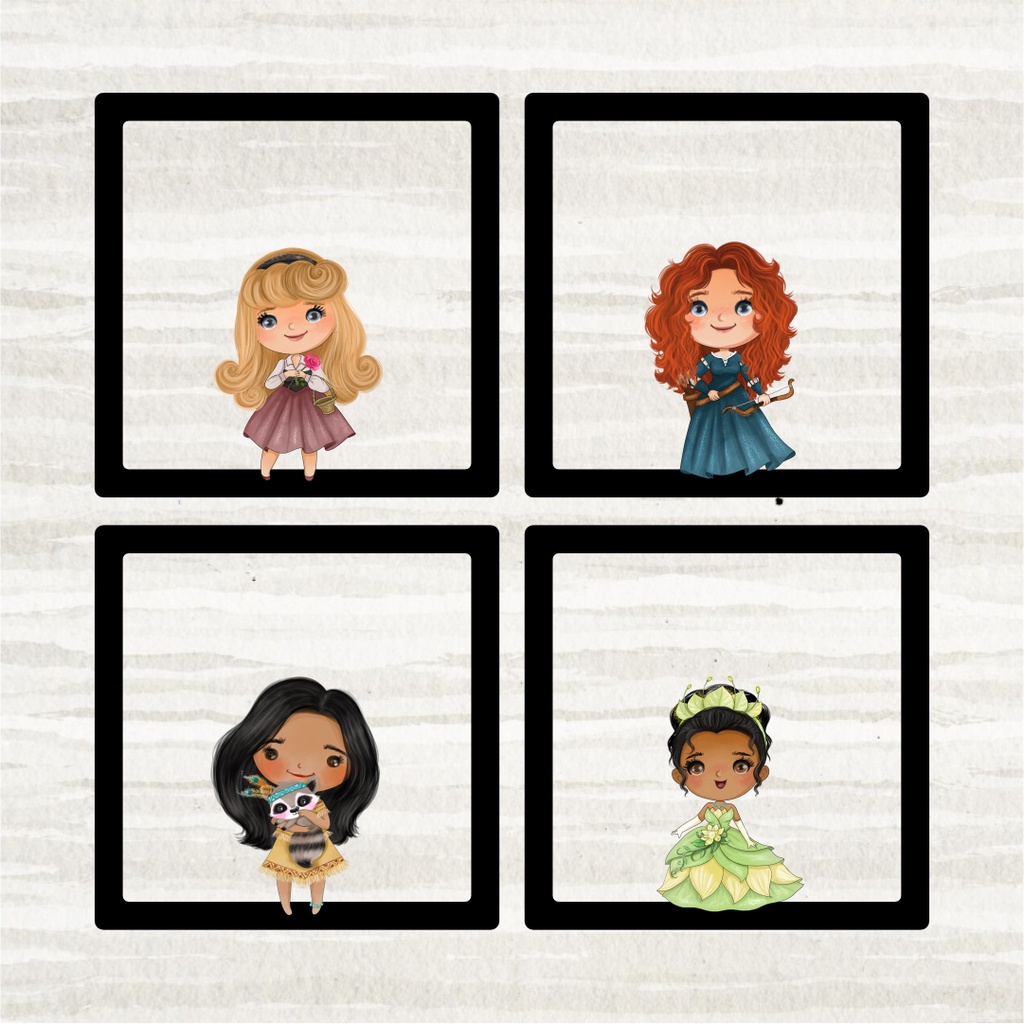 Kit 4 Novos Quadros Princesas Disney 3D - Aurora, Merida, Poca, Tiana -  Recorte MDF 6mm