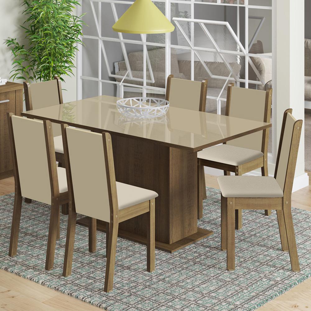 Conjunto Sala de Jantar Madesa Moscou Plus Mesa Tampo de Vidro com 6 Cadeiras - Rustic/Crema/Pérola - Home & Living