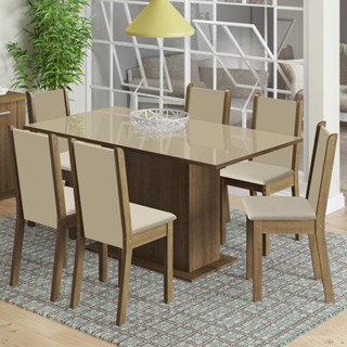 Conjunto Sala de Jantar Madesa Moscou Plus Mesa Tampo de Vidro com 6 Cadeiras - Rustic/Crema/Pérola