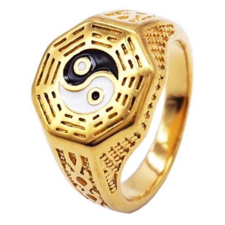 Anel  símbolo  Yin Yang  masculino de Aço Inoxidável Titânio com banho de ouro 18k + Caixinha