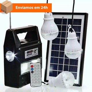Kit Bateria Portátil Painel Solar Lâmpada Led Rádio Mp3 Bluetooth