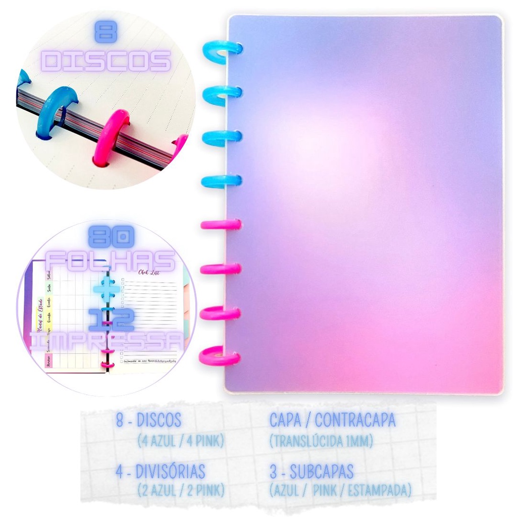 Caderno Inteligente Fichário De Discos Pink Com Divisores De Matérias Anotações Calendário - 8 Discos
