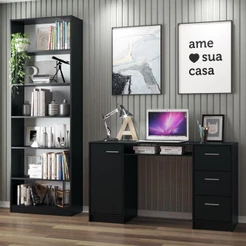 Escrivaninha Madesa Alaska + Estante Livreiro 6908 - Preto