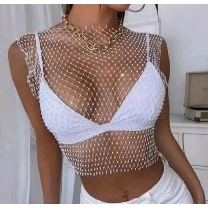 Blusa feminina Tela com Stress Pedraria Cropped arrastão com Aplicações Telinha Brilho 2024
