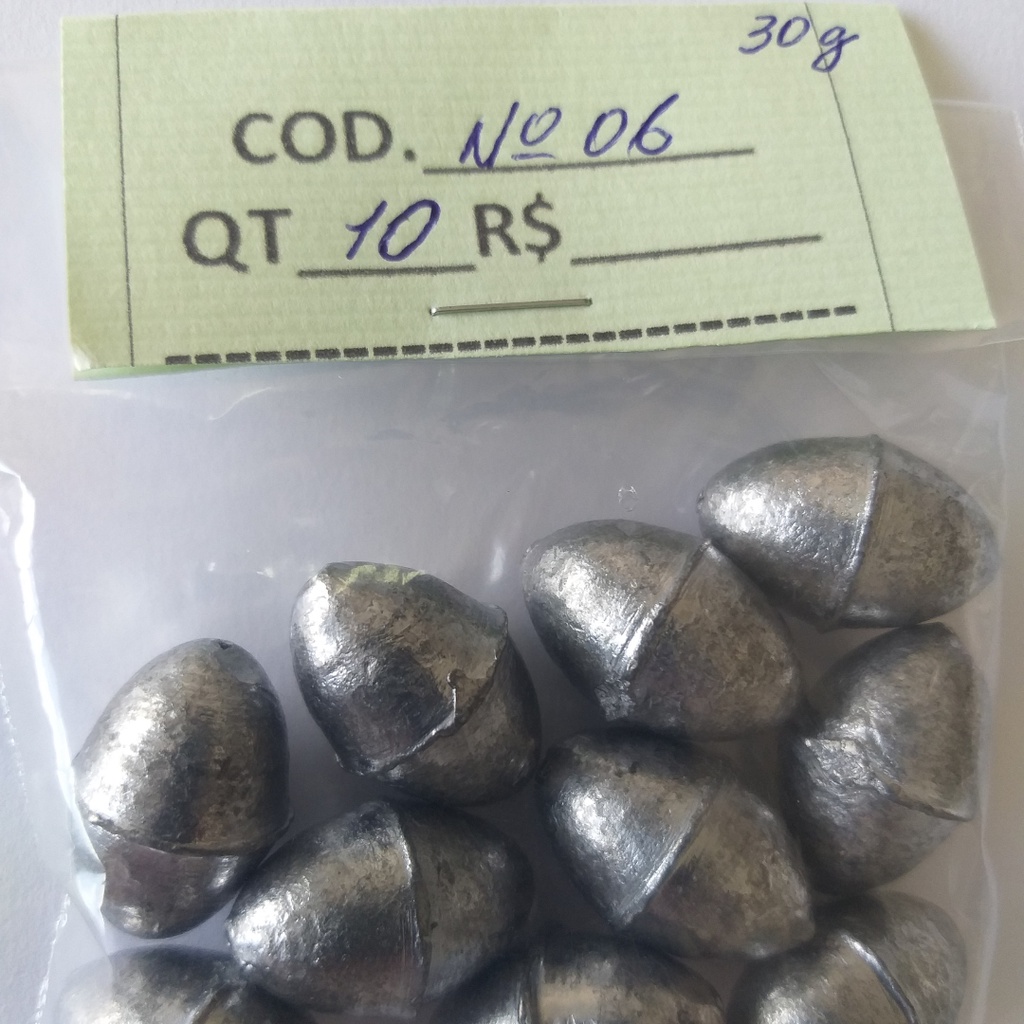 Chumbada Oliva para Pesca Tamanho Número 6 de 30g  Embalagem com 10 Chumbadas em Oferta na Shopee