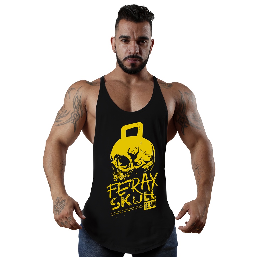 Regata Cavada Masculina Academia 100% Algodão Fitness Caveira Treino Musculação Estampada