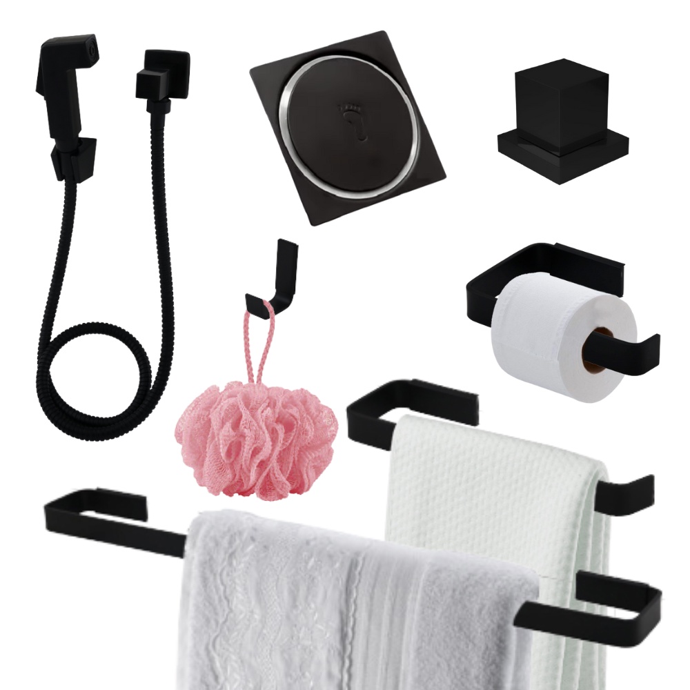 Kit Acessórios para Banheiro Preto Fosco Quadrado SS + 1 Ducha Higienica Super Luxo + 1 Acabamento Registro Padrão Deca + 1 Ralo Click 10x10