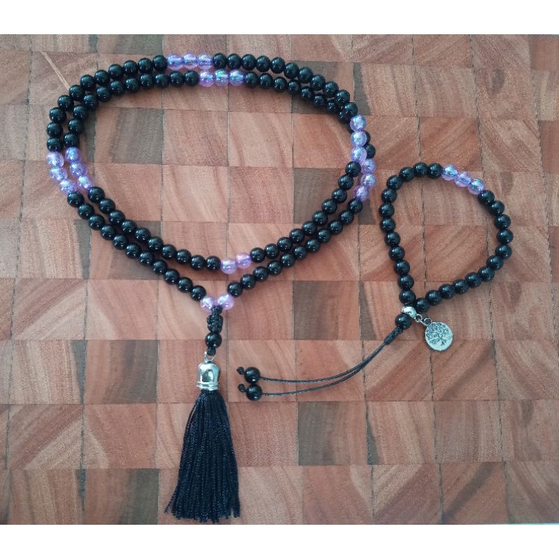 Imagem Japamala 108 Contas Pérola Negra Com Nebulosa Lilás 8 MM +Pulseira 27 Contas Rosário Budista Ref:247
