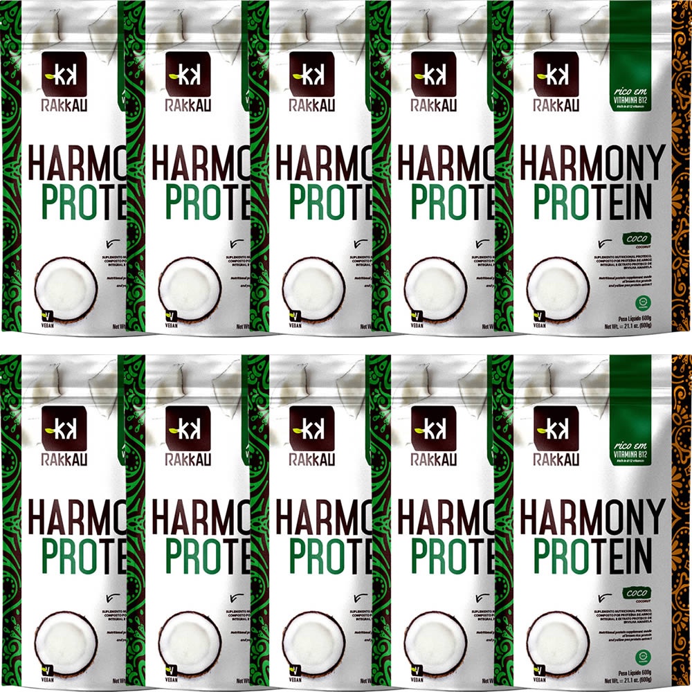Kit 10 Harmony Protein Coco Rakkau 600g - Vegano - Proteína de Arroz e Ervilha
