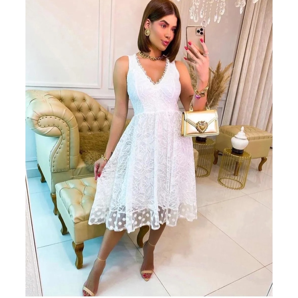 Vestido noiva civil midi rodado de tule com manga princesa