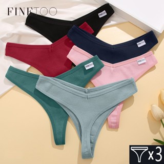 Finetooo Fio Dental Feminino De Algodão 3Pcs/Set Confortável Waffle-Cintura Baixa S-XL Cueca De Biquíni Lingerie Cor Sólida