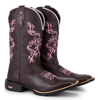 Bota Texana Country Feminina Tribal Rosa Bordada Bico Quadrado em Oferta na Shopee
