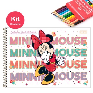 Kit Caderno de Desenho Minnie Disney 80 Fls Capa Dura com Adesivo Tilibra + Lápis de Cor Faber 12 Cores Escolar Infantil em Oferta na Shopee